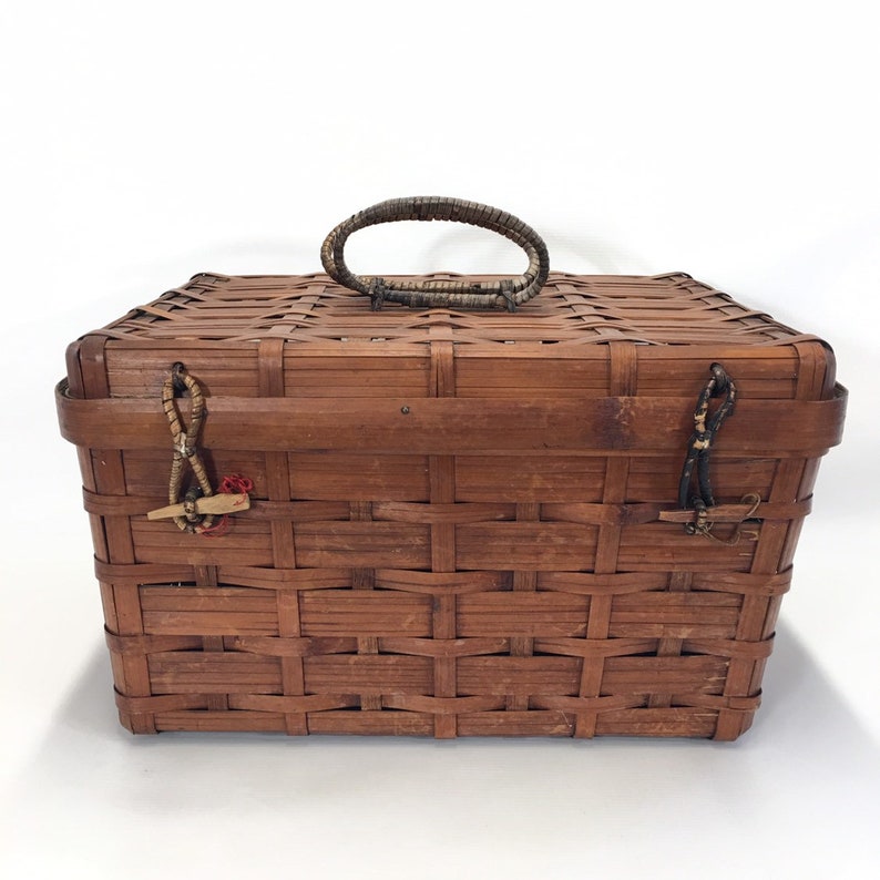 Vintage Bamboo Picnic Basket Loaded With Melamine Dishes Salt Etsy