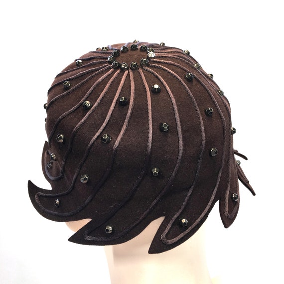 Vintage 1940s Brown Felt Pixie Cap Quinley Fifth … - image 3