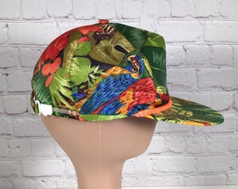 Vintage Hawaiian Trucker Hat Rope Flat Brim Green Orange Parrot Nissin Cap