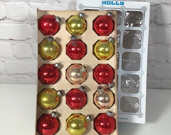 Vintage Holly Small Ornaments Red Gold Glass Christmas Tree Ball 1.75" Diameter Boxed Set 15