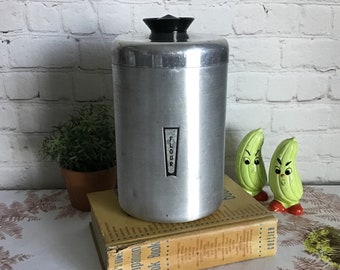 Vintage Kromex Flour Canister Spun Aluminum Metal Kitchen Storage with Black Handle