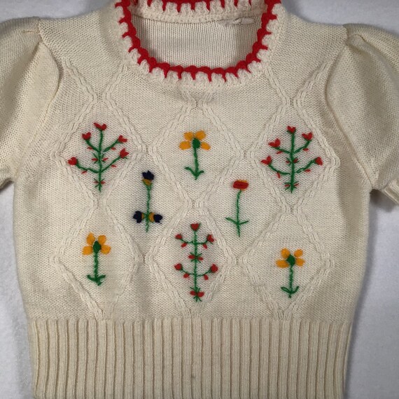 Vintage Knit Toddler Sweater Jumper Cream Red Flo… - image 2