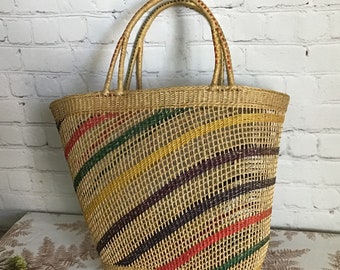Vintage Woven Straw Tote Colorful Striped Beach Summer Tourist Souvenir Unlined