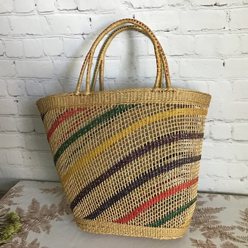 Vintage Woven Straw Tote Colorful Striped Beach Summer Tourist - Etsy