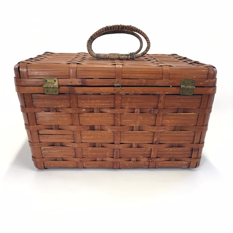Vintage Bamboo Picnic Basket Loaded With Melamine Dishes Salt Etsy