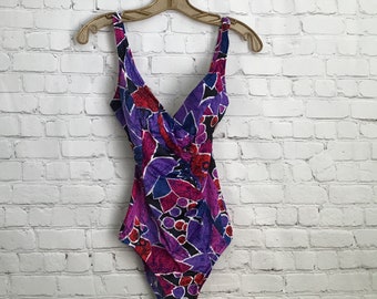 Vintage Sirena One Piece Bathing Suit Purple Fuchsia Navy Blue Size 12 Shirred Waist