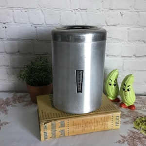 Vintage Kromex Cookies Canister Spun Aluminum Metal Kitchen Storage with Black Handle