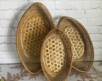 Vintage Set of 3 Nesting Baskets Eye Shaped Bohemian Wall Decor Oval Wicker Wall Art Japan