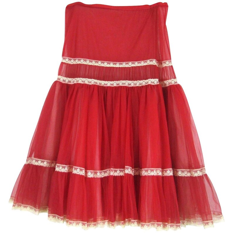 Red Nylon Half Slip Layered Gathered Semi Sheer Petticoat Womans Small Swing Dance Underskirt Rockabilly Drop Waist
