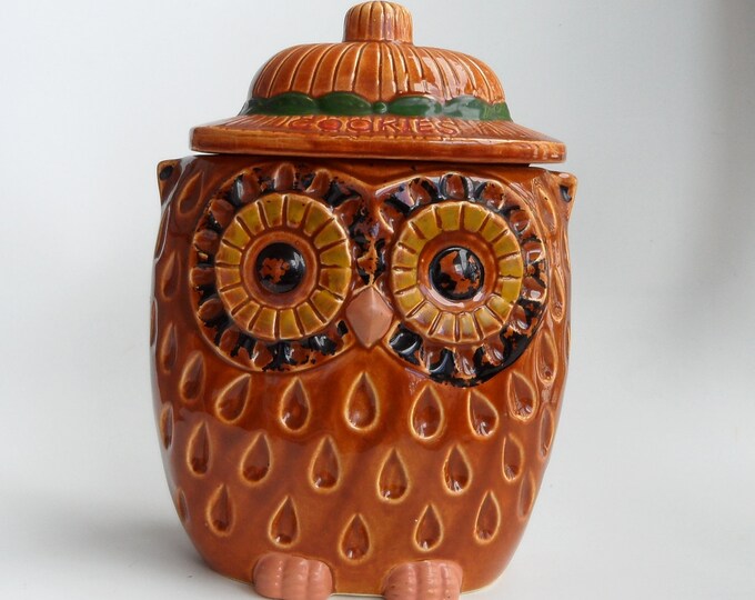 Vintage Wise Owl Cookie Jar Brown Gold Green Made in Japan Etsy
