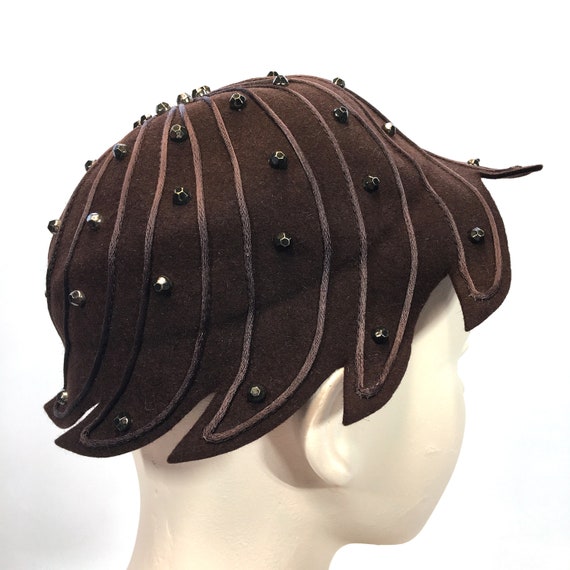 Vintage 1940s Brown Felt Pixie Cap Quinley Fifth … - image 2