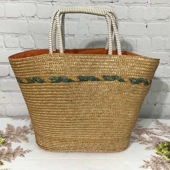 Vintage Straw Tote Beaded Embroidered Telephone C… - image 3