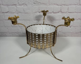 Vintage Atomic Goldtone Centerpiece Candleholder with Bowl Display Drizzle Pattern