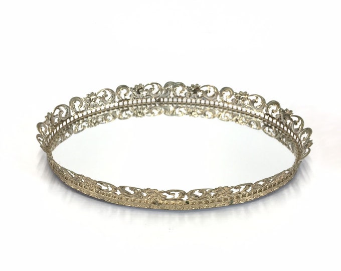 Vintage Oval Vanity Mirror Tray Gold Filigree Worn White Paint Etsy