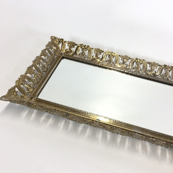 Vintage Gold Filigree Vanity Mirror Tray Long Rectangular Gold Filigree Vanity Mirror Tray