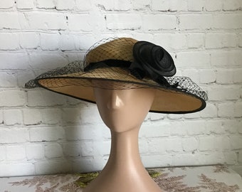 Vintage Betmar Wide Brim Straw Hat Natural Woven with Black Velvet Hatband and Netting