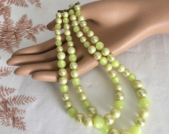 Vintage Yellow Moonglow Lucite Bead Necklace 16" Double Strand Graduated Choker