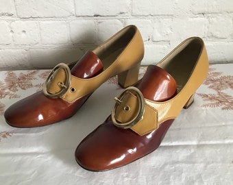 Vintage Miss Wonderful Brown Tan Patent Leather Buckle Pumps 6.5 Narrow Block Heel