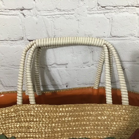 Vintage Straw Tote Beaded Embroidered Telephone C… - image 4