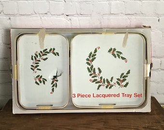 Vintage Three Piece Lacquered Nesting Tray Set Christmas Holly Berries New in Box Made in Japan