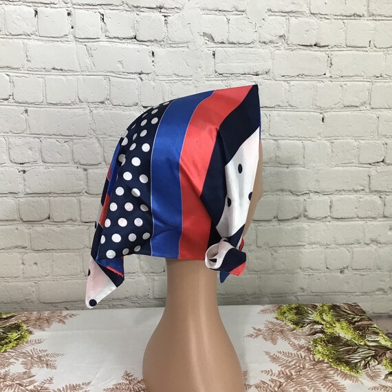 Vintage Red White Blue Headscarf Polka Dot Stripe… - image 3