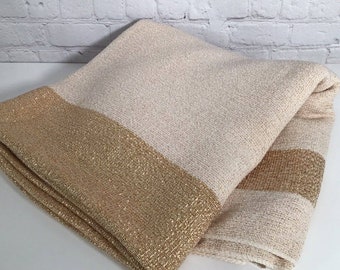 Vintage Chicago Weaving Gold Cream Tablecloth Heavy Woven Metallic 106x 58