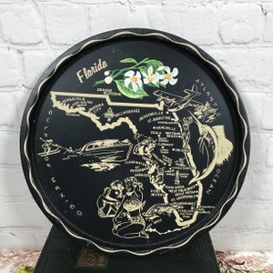 Plateau souvenir de Floride Carte d’état en métal imprimé Fleur d’oranger Cocktail Voyage Camper Remorque Décor Golfe du Mexique Pensacola Key West