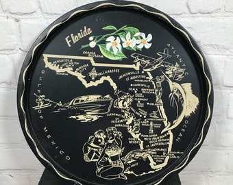 Florida Souvenir Tray Printed Metal State Map Orange Blossom Cocktail Travel Camper Trailer Decor Gulf of Mexico Pensacola Key West