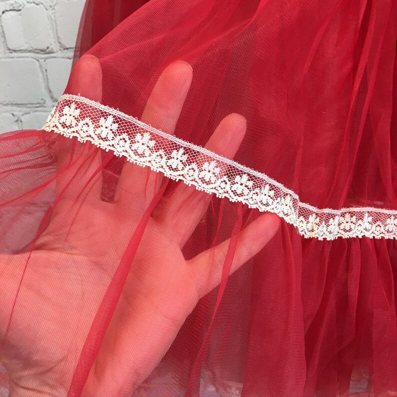 Red Nylon Half Slip Layered Gathered Semi Sheer Petticoat Womans Small Swing Dance Underskirt Rockabilly Drop Waist