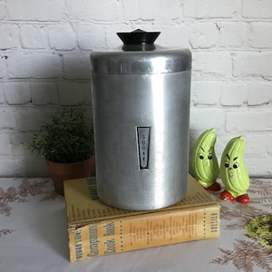 Vintage Kromex Sugar Canister Spun Aluminum Metal Kitchen Storage with Black Handle