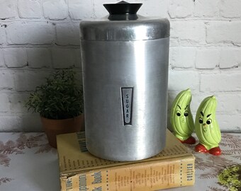 Vintage Kromex Sugar Canister Spun Aluminum Metal Kitchen Storage with Black Handle
