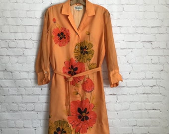 Vintage 60s Alfred Shaheen Dress Orange Poppy Print Button Front Belted Hostess Dress