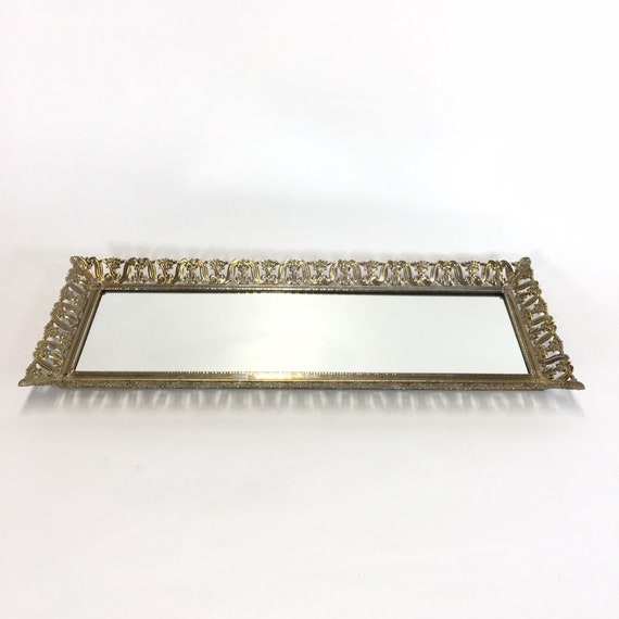 Vintage Gold Filigree Vanity Mirror Tray Long Rectangular Gold Filigree Vanity Mirror Tray