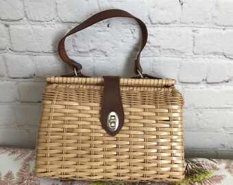 Vintage 1960's Wicker Handbag with Leather Handle Twist Lock Closure Made for Grants in British Hong Kong