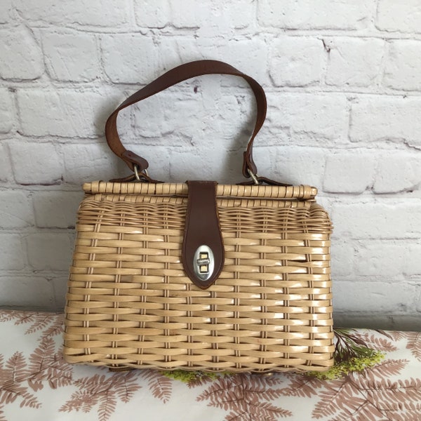 Vintage 1960's Wicker Handbag with Leather Handle Twist Lock Closure Made for Grants in British Hong Kong