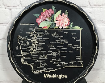 Washington State Metal Souvenir Tray Rhododendron Mt Rainier Cocktail Travel Camper Trailer Decor Rust Chippy Paint