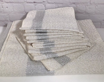 Vintage Chicago Weaving Loom Blossom Silver White Tablecloth and 12 Napkins 62 x 104 NOS