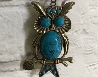 Vintage Faux Turquoise Owl Pendant 26" Long Chain