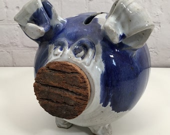 Vintage Pottery Pig Piggy Bank Blue White Glaze Rustic Cork Nose Handmade Pottery Bank