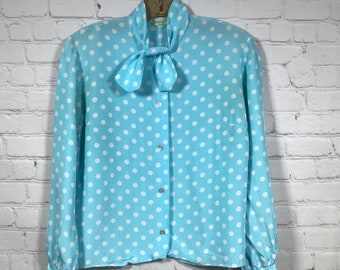 Vintage Delphi Polka Dot Tie Neck Blouse Long Sleeve Button Cuffs Blue and White Made in Ireland