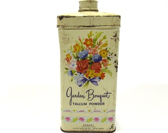 Vintage 1950s Garden Bouquet Talcum Powder Tin Container Romney NY Rusty Dented Shabby Decor