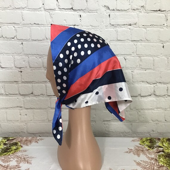 Vintage Red White Blue Headscarf Polka Dot Stripe… - image 1