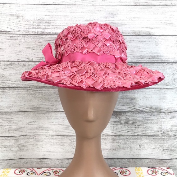 Vintage Bright Pink Woven Braid Wide Brim Tall Crown Hat  display picture 1