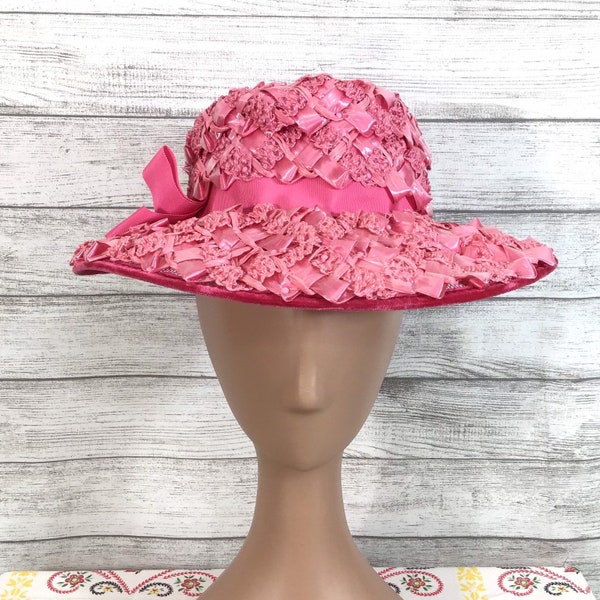 Vintage Bright Pink Woven Braid Wide Brim Tall Crown Hat Grosgrain Ribbon Hatband