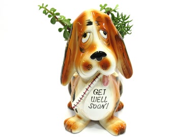 Rubens Original Hound Dog Ceramic Planter Get Well Soon Hand Painted Japan Succulent Pot Pencil Pen Holder