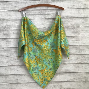 Vintage Double Sided Triangle Scarf 52x26 Blue Gold Brown Botanical