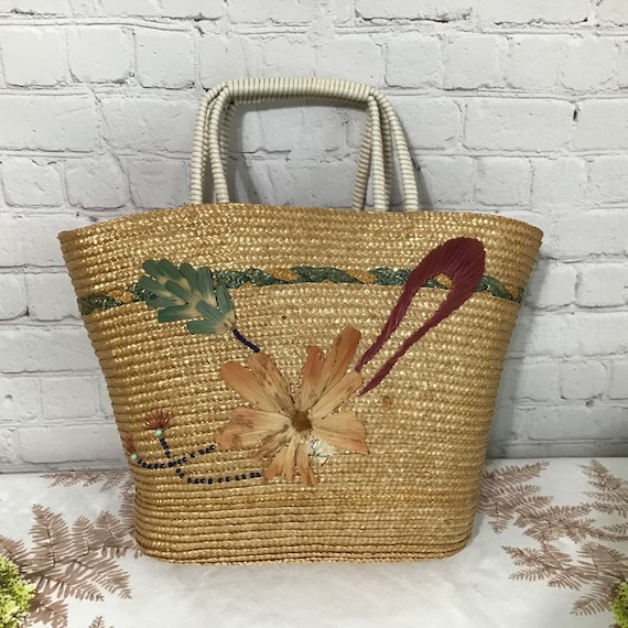 Vintage Straw Tote Beaded Embroidered Telephone C… - image 1