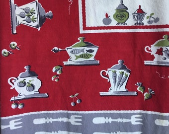 Vintage Printed Tablecloth 60x70 Forks Knives Red Border Gray Green Dinnerware Rectangle
