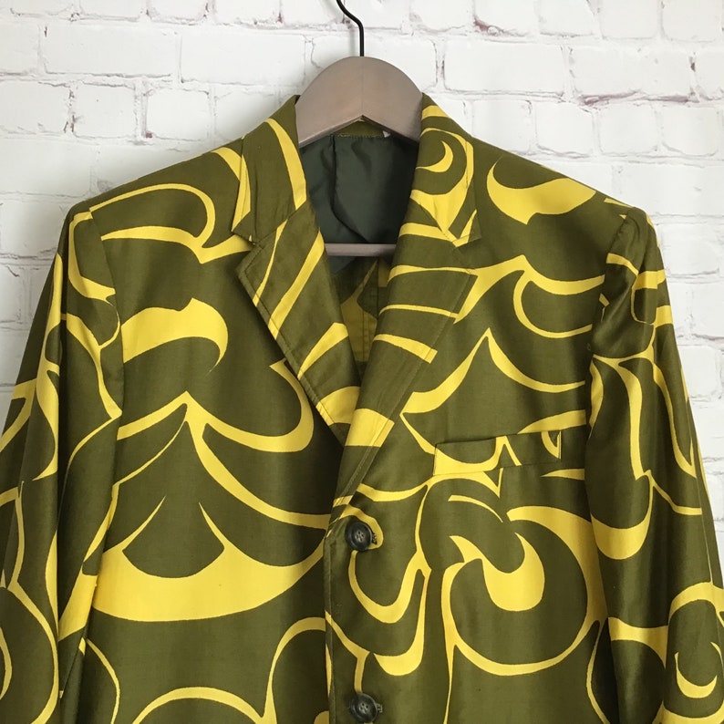 Rare First Break Sports Coat Hawaiian Blazer Tiki Jacket 36 R Green Abstract Print Sandwich Isles 1960s image 3