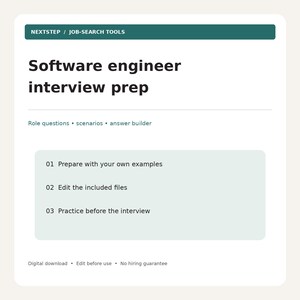 Może przedstawiać: Cyfrowy dokument zatytułowany Software engineer interview prep z ciemnozielonym nagłówkiem. Zawiera pytania dotyczące roli, scenariusze i kreator odpowiedzi. Treść obejmuje trzy kroki: przygotowanie przykładów, edycję plików i ćwiczenia przed rozmową.